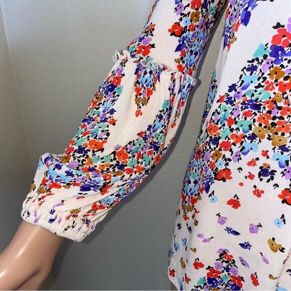 Democracy blouse top floral print boho bubble sleeve Lace V-neck SZ SM Aztec - Picture 5 of 10